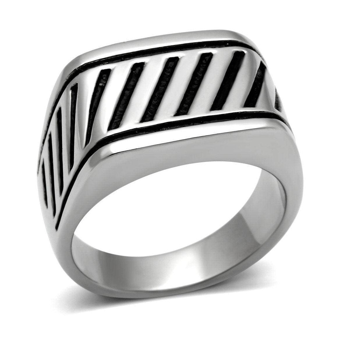 Men's striped stainless steel ring featuring a bold chevron design and polished finish