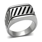 Men's striped stainless steel ring featuring a bold chevron design and polished finish