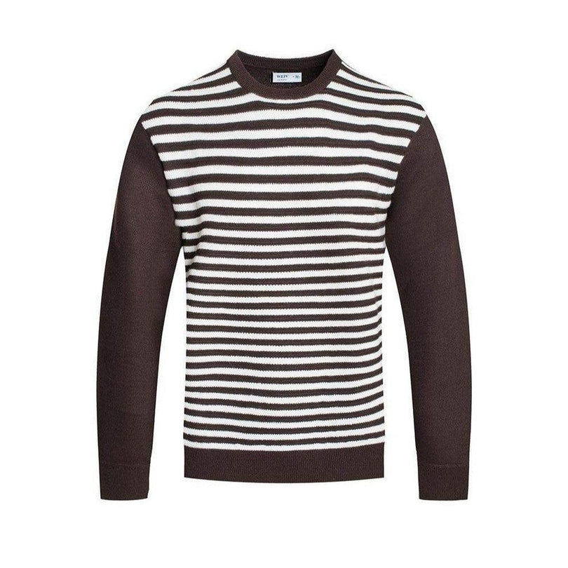 Men's striped sweater for vacations in brown and white with classic crew neckline