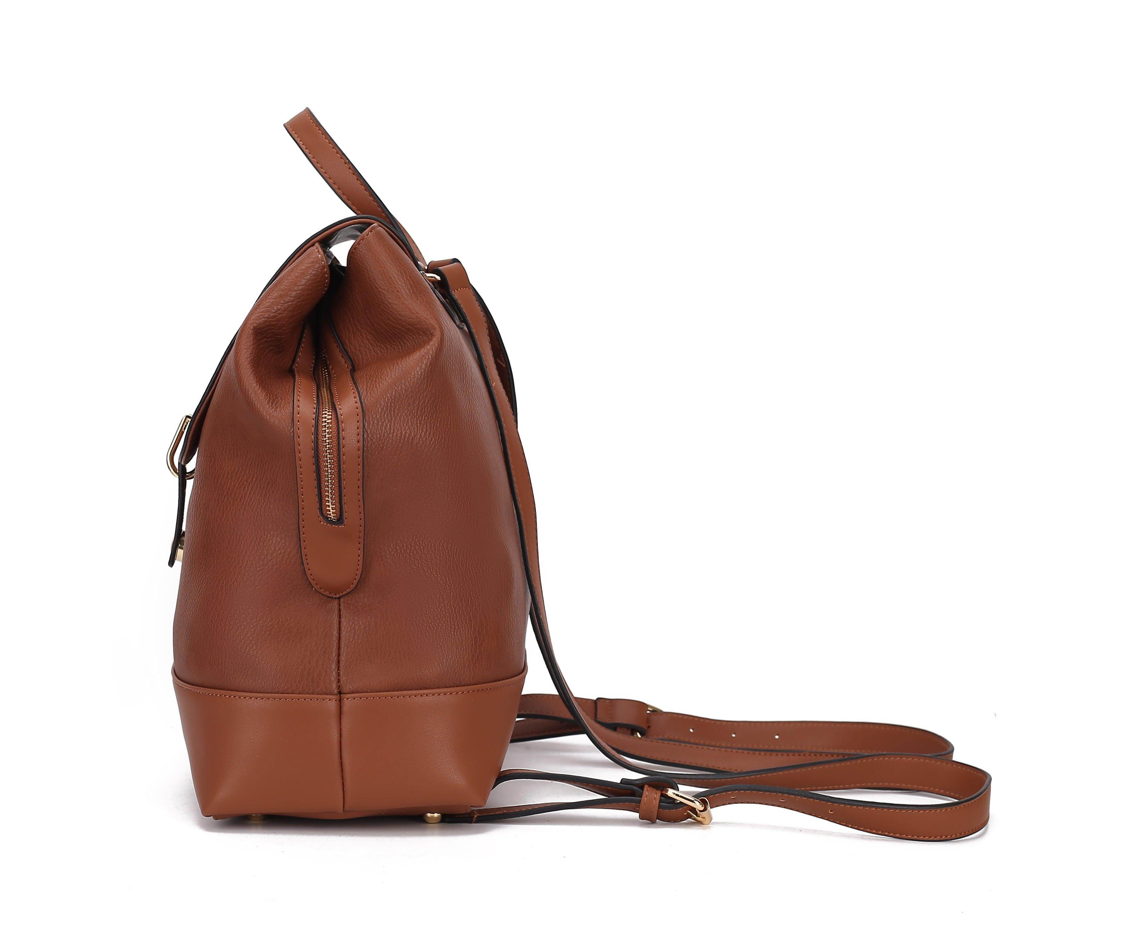 Brown leather stylish backpack handbag with adjustable straps and a sleek design