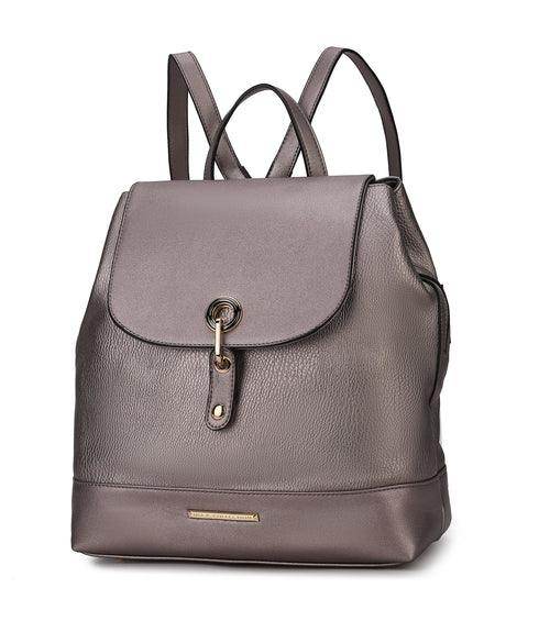 Pink Orpheus stylish backpack handbag in metallic gray with a top flap and adjustable straps