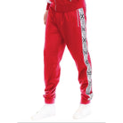 VacationGrabs stylish joggers for men in red with snake print side stripes and elastic waistband