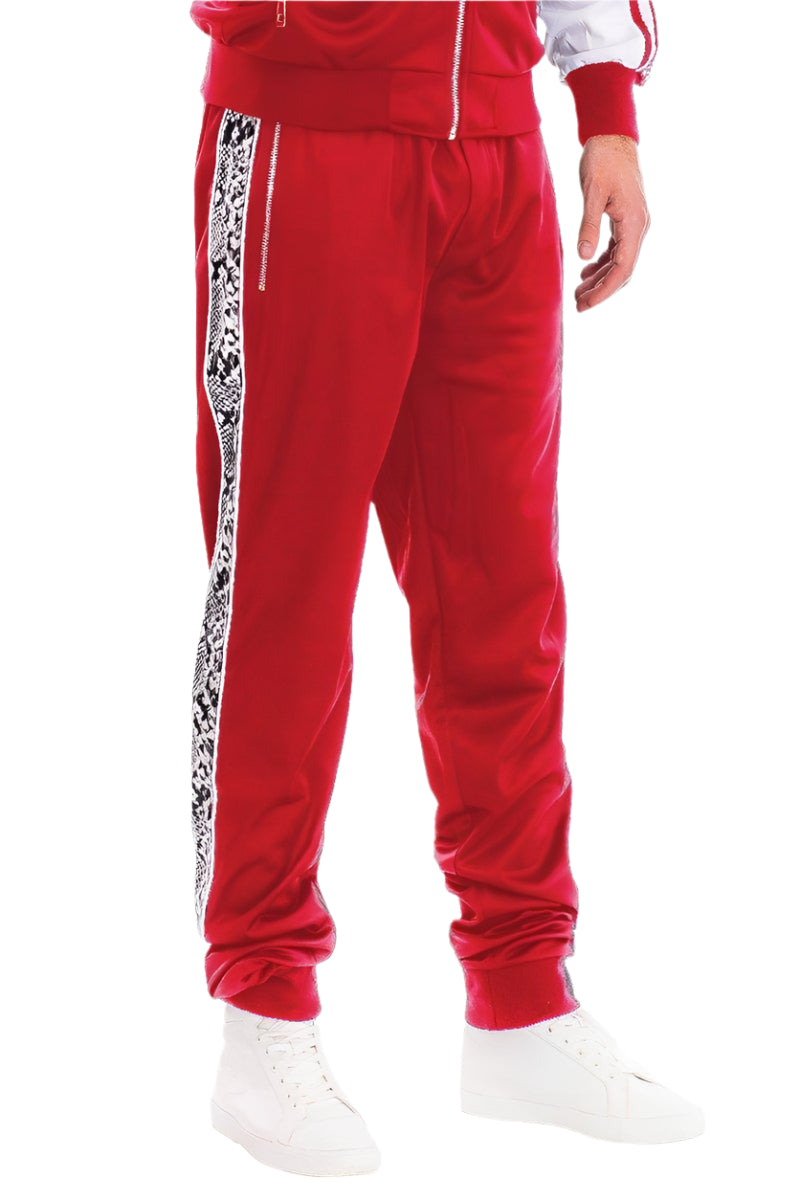 Red stylish joggers for men with leopard print side stripes and comfort stretch fit