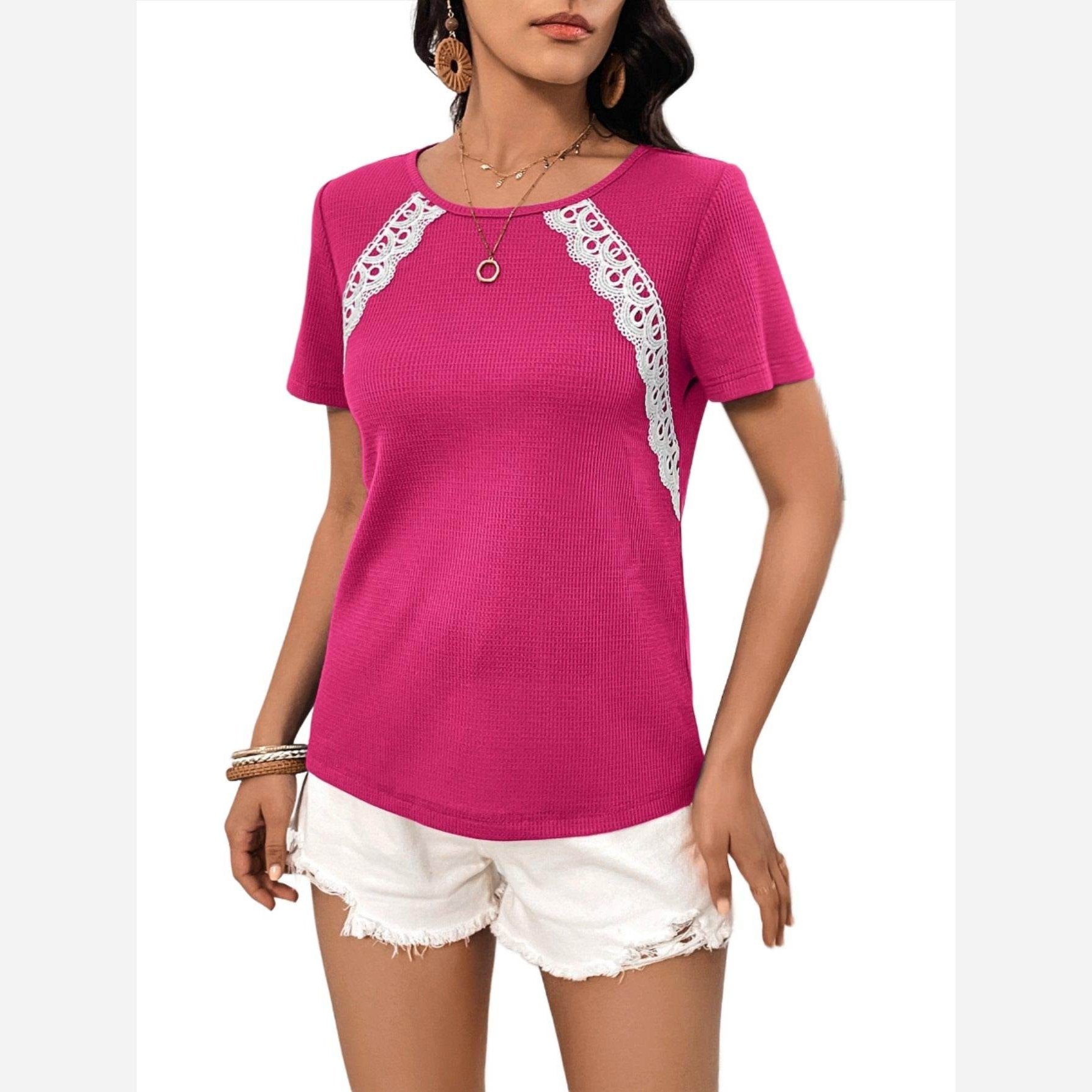 Trendsi stylish lace trim shirt in vibrant pink with decorative lace details on the sides