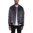 Stylish mens bomber jacket in soft velvet fabric with ribbed cuffs and zippered pockets