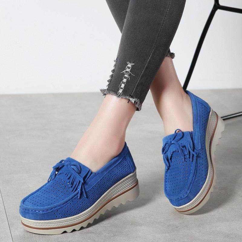 VacationGrabs stylish moccasin loafers in blue with a comfortable wedge sole for casual wear