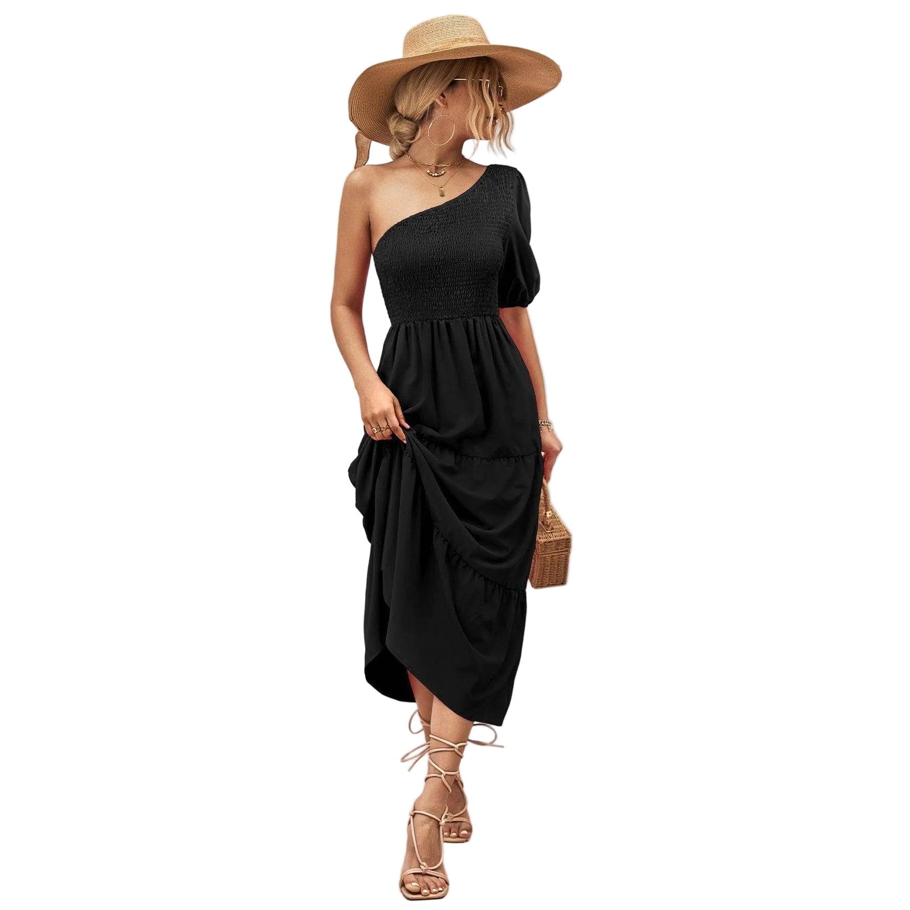 Trendsi stylish one-shoulder dress in black with a flowing design and gathered waist for summer outings