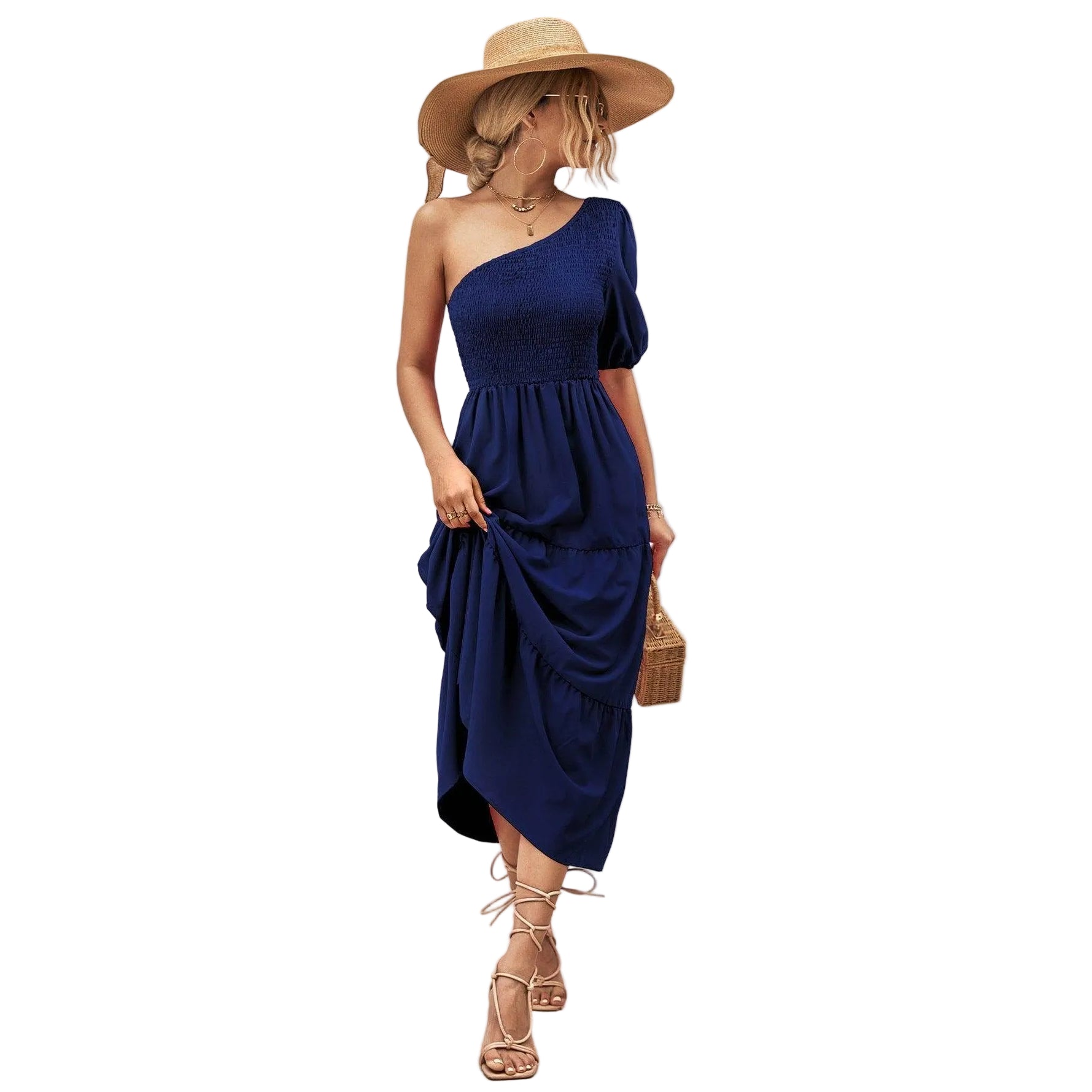 Trendsi stylish one-shoulder dress in navy with a flattering fit and flowy design for summer outings