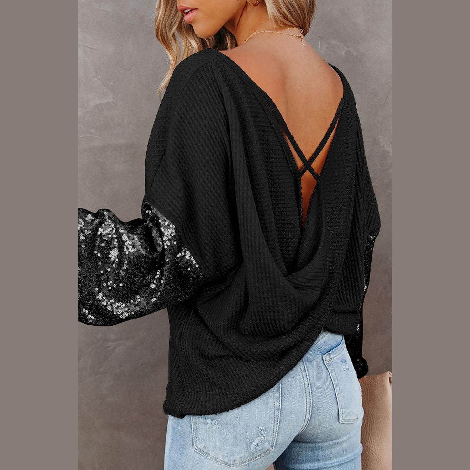 Trendsi stylish vacation blouse featuring a unique back design and sequin sleeves for a chic look