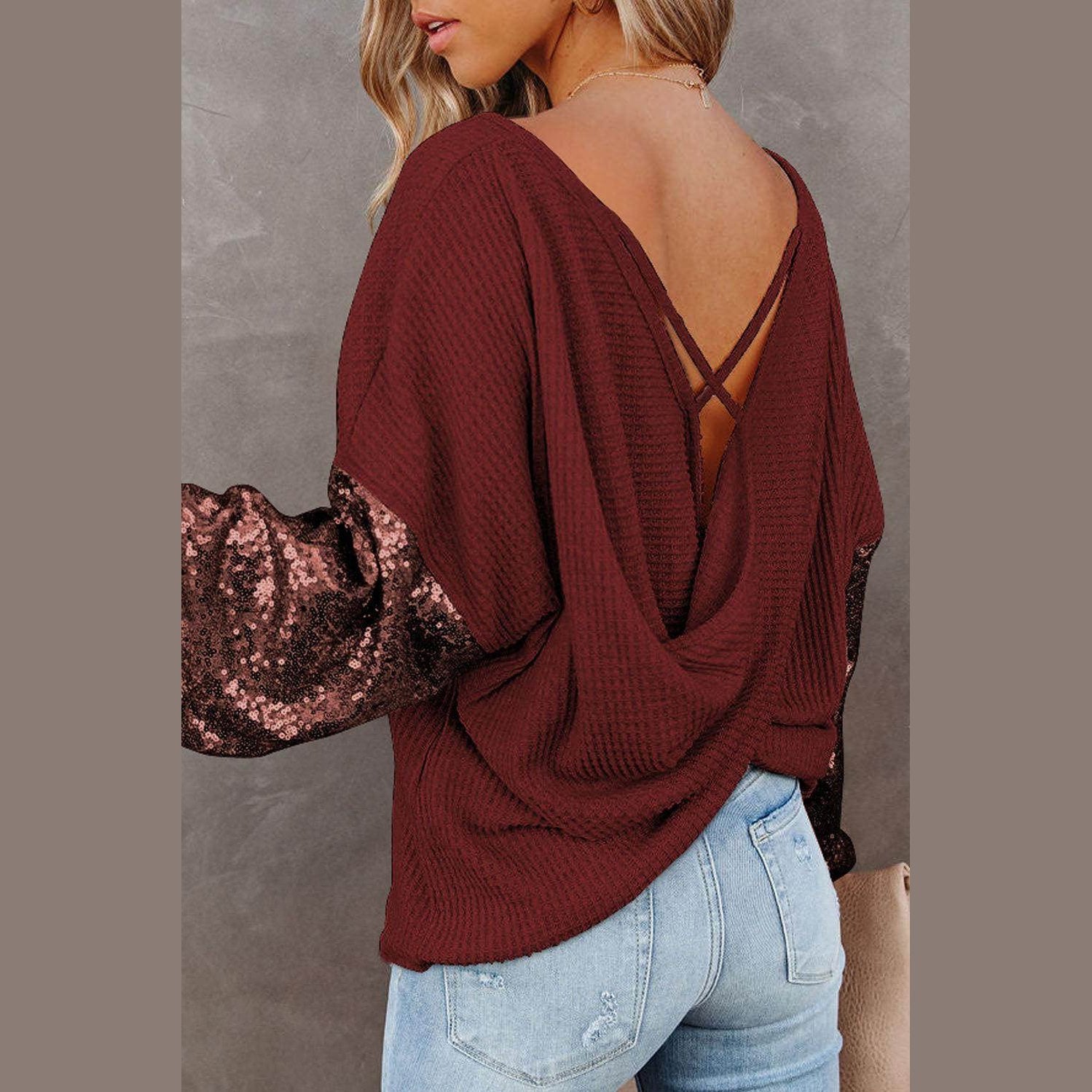 Trendsi stylish vacation blouse in burgundy with a unique back design and sequin sleeves