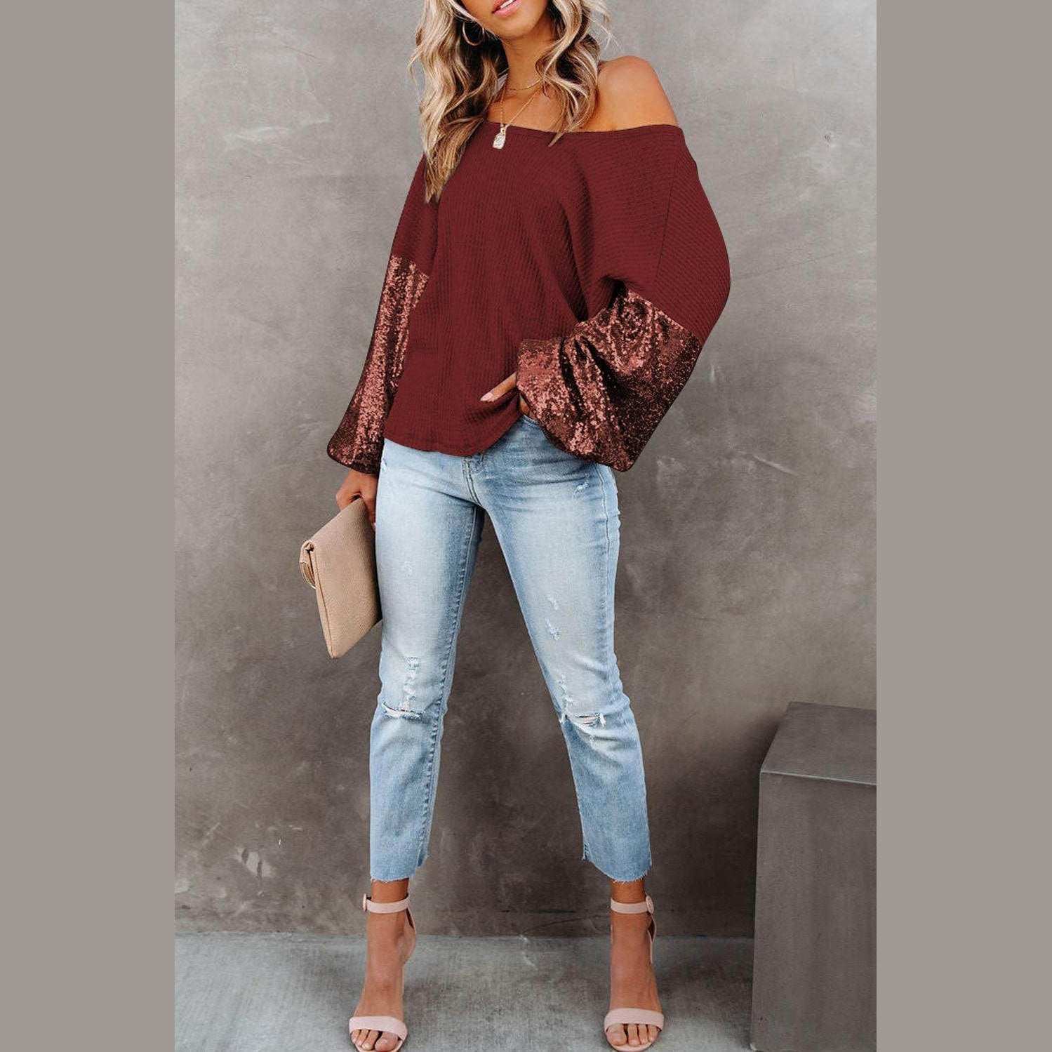 Trendsi stylish vacation blouse with off-the-shoulder design and sequined sleeves in burgundy color