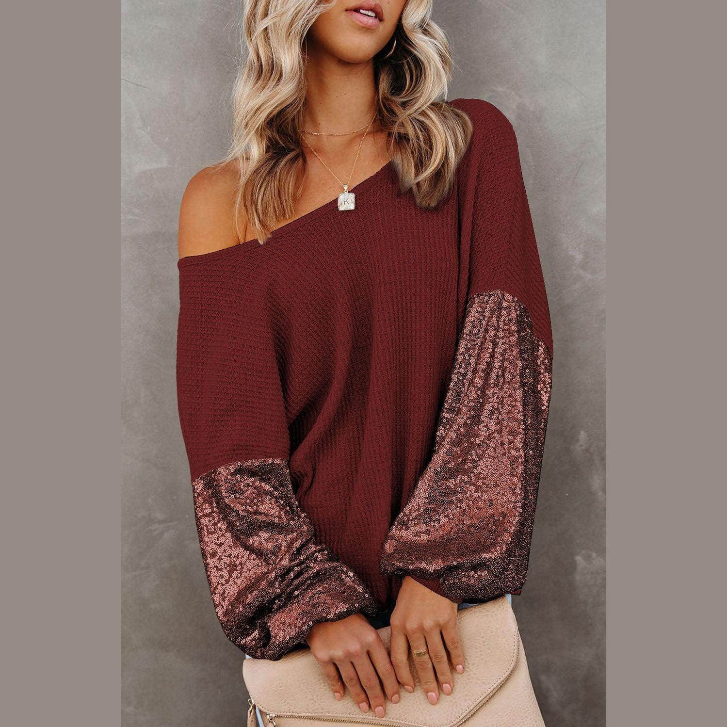 Trendsi stylish vacation blouse in burgundy with sequin sleeves for a trendy summer look