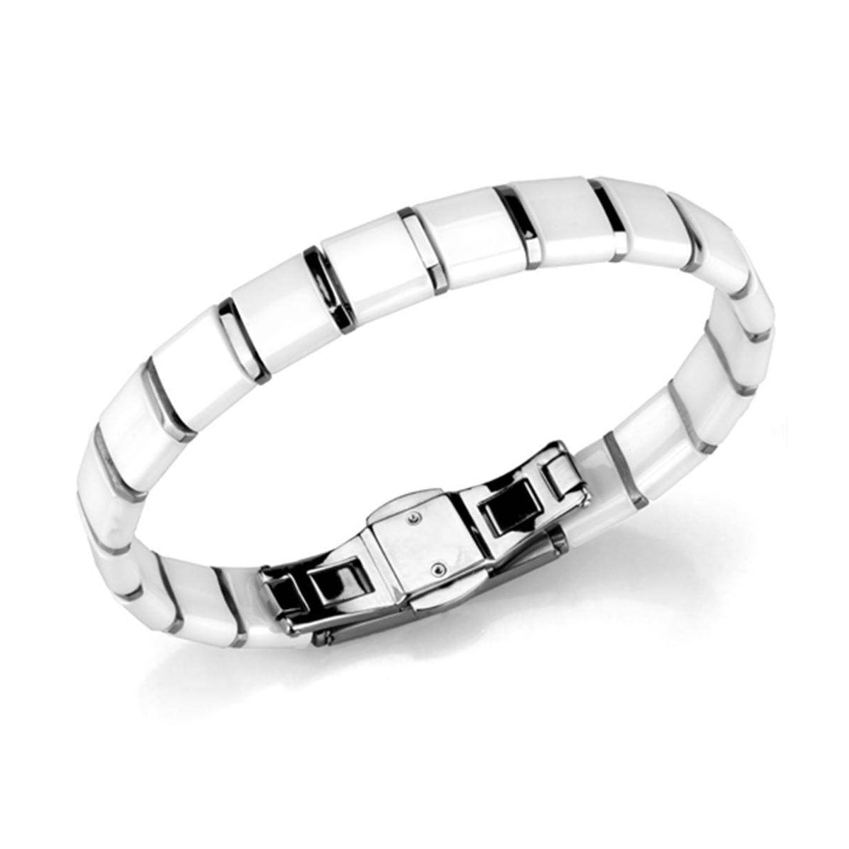 Stylish vacation jewelry for women featuring a sleek silver and white bracelet with a secure clasp