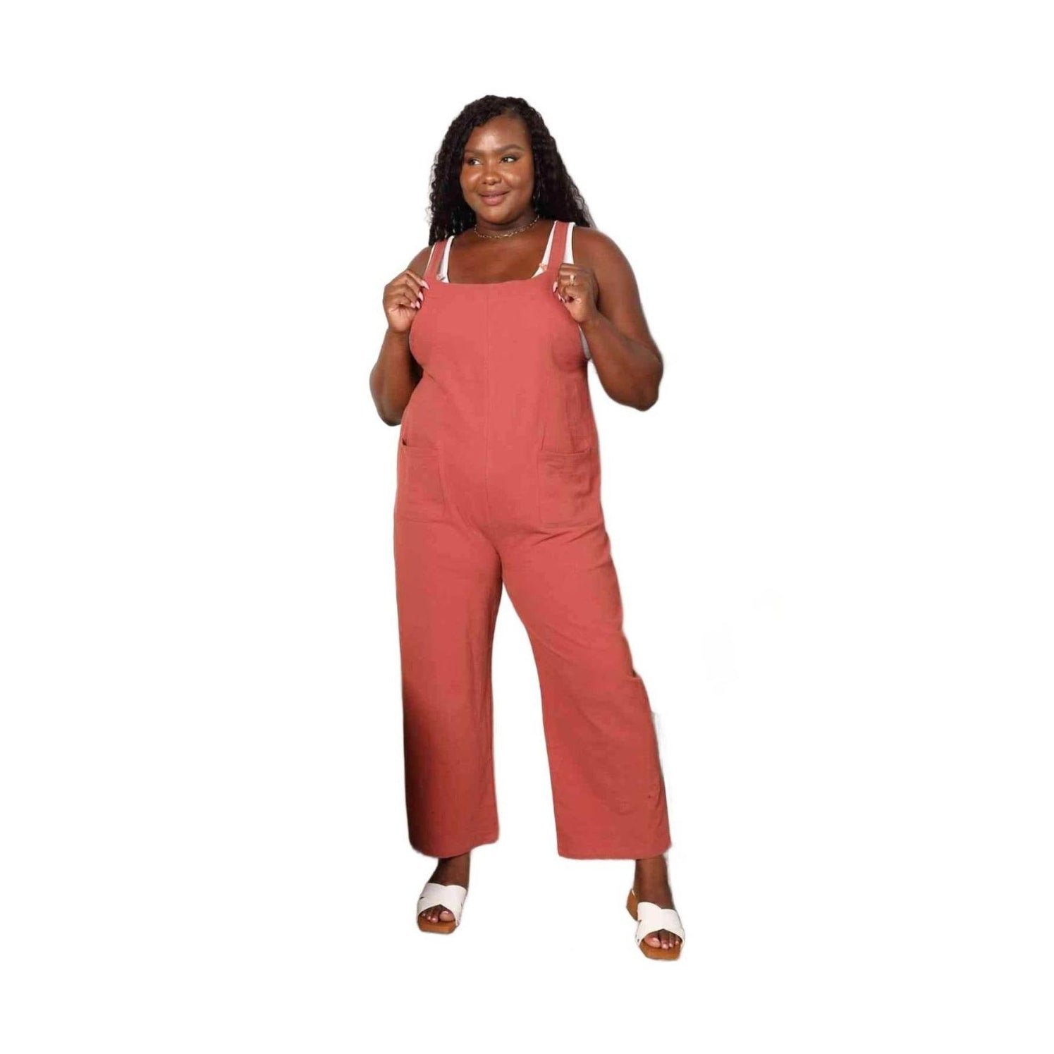 Trendsi stylish vacation overalls in terracotta color with adjustable straps and wide legs