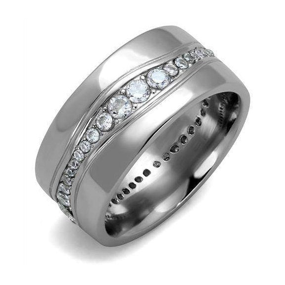 Stylish vacation ring featuring a sleek design with sparkling crystals in a polished silver finish