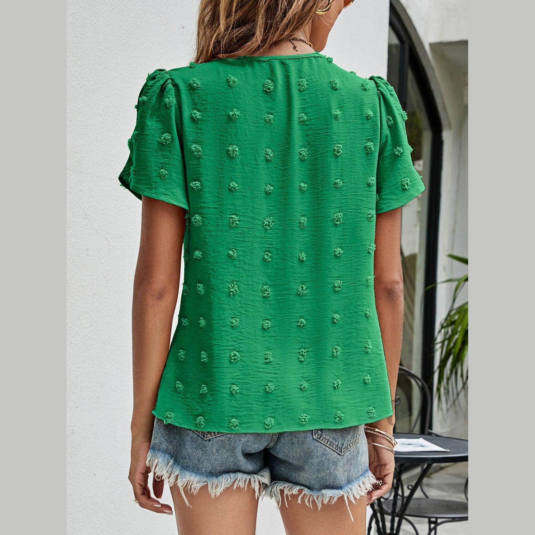 Swiss Dot Round Neck Petal Sleeve Top - VacationGrabs