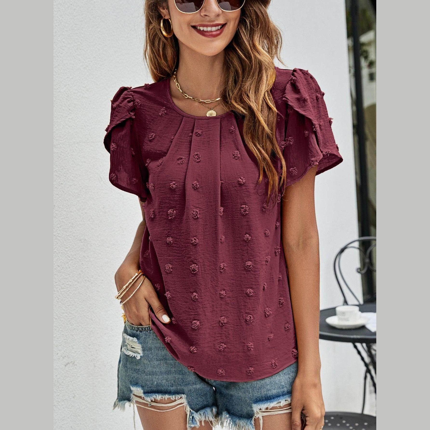 Swiss Dot Round Neck Petal Sleeve Top - VacationGrabs