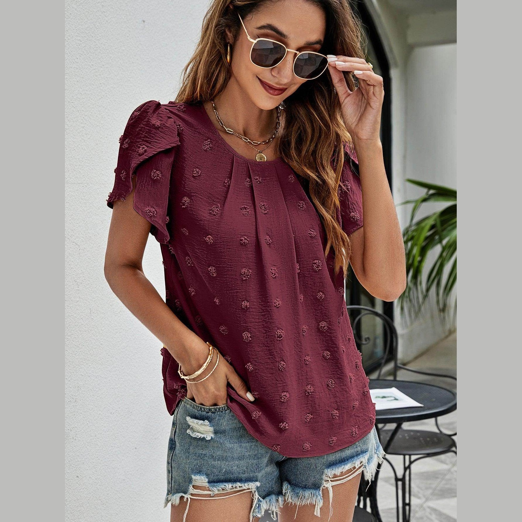 Swiss Dot Round Neck Petal Sleeve Top - VacationGrabs