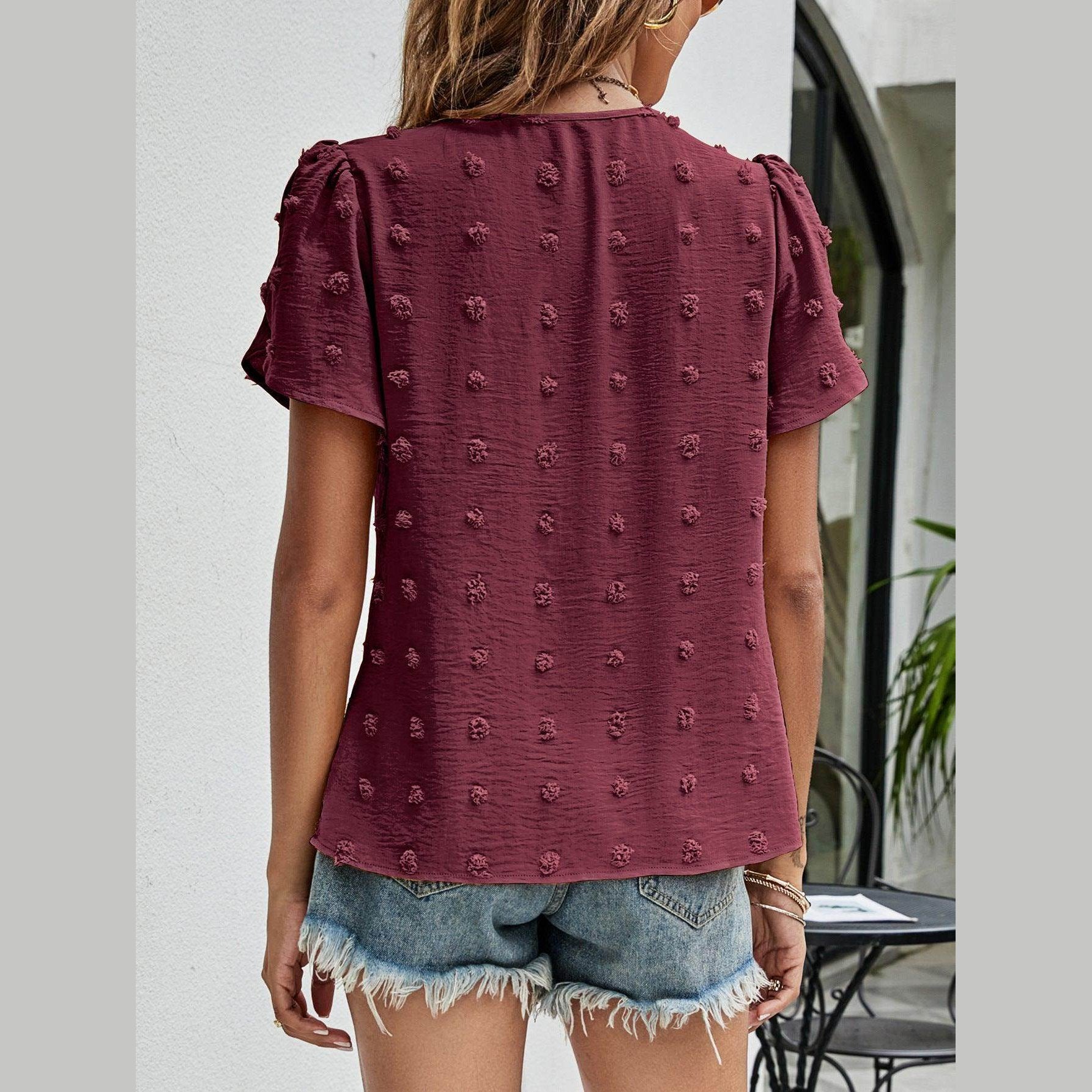 Swiss Dot Round Neck Petal Sleeve Top - VacationGrabs