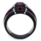 Elegant synthetic crystal amethyst ring with three stones and sparkling accents for women