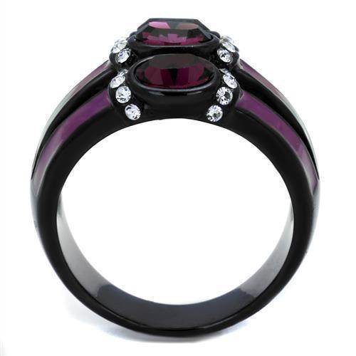 Elegant synthetic crystal amethyst ring with three stones and sparkling accents for women