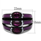 Stylish synthetic crystal amethyst ring with three purple stones and decorative accents