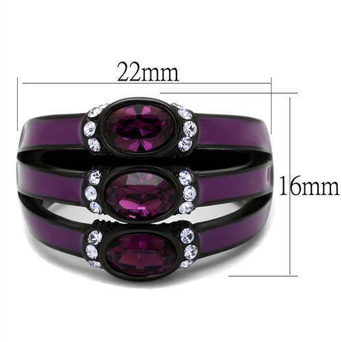 Stylish synthetic crystal amethyst ring with three purple stones and decorative accents