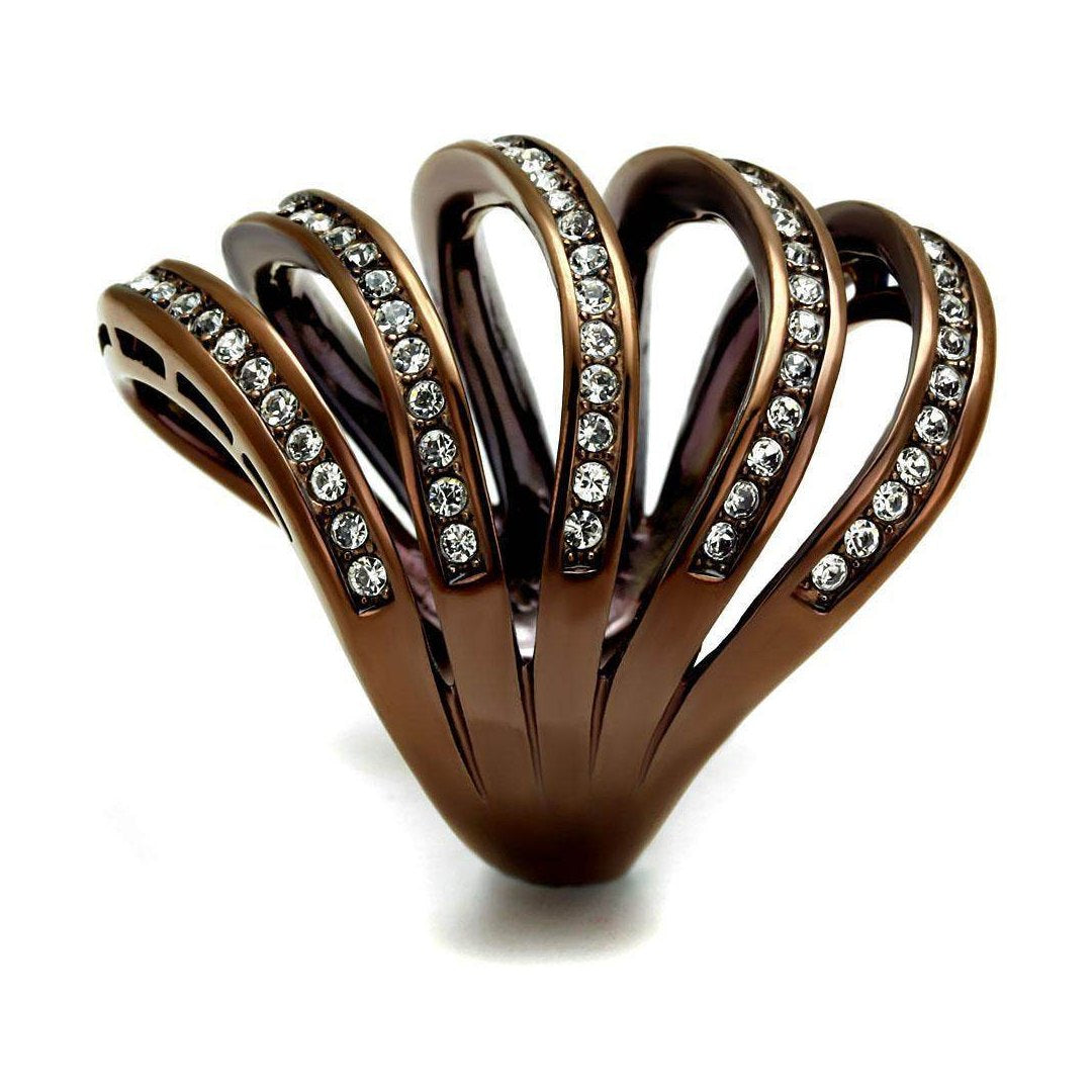 Elegant synthetic crystal coffee ring with a unique swirl design and sparkling accents