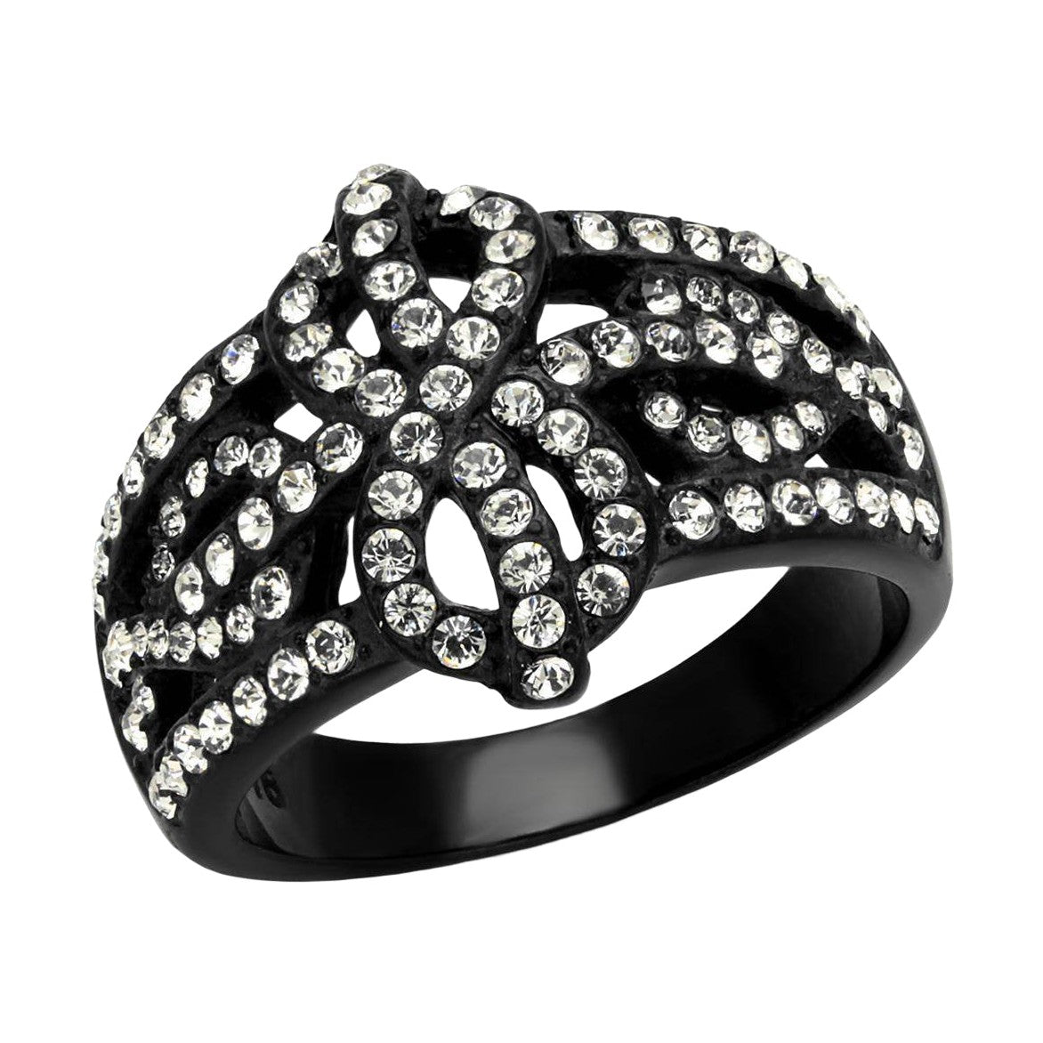 Black ring with intricate design and sparkling stones, perfect synthetic crystal jewelry for women