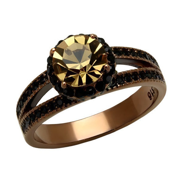Elegant womens ring featuring a large synthetic crystal jewelry centerpiece and intricate black detailing