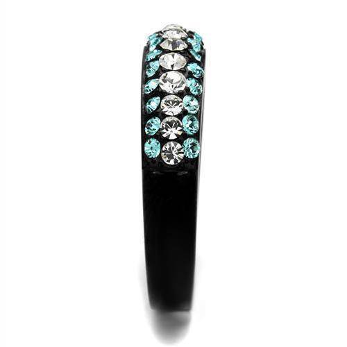 Stylish synthetic crystal sea ring with blue and clear stones on a sleek black band