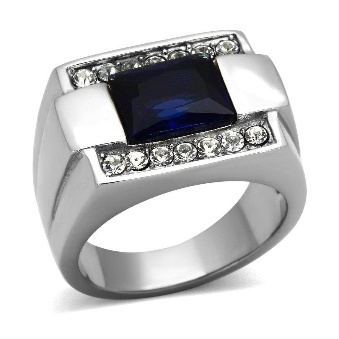 Stylish men's synthetic glass gemstone ring with a blue stone and sparkling clear accents