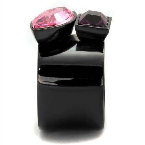 Stylish black ring featuring synthetic rose amethyst jewelry with two sparkling gemstones