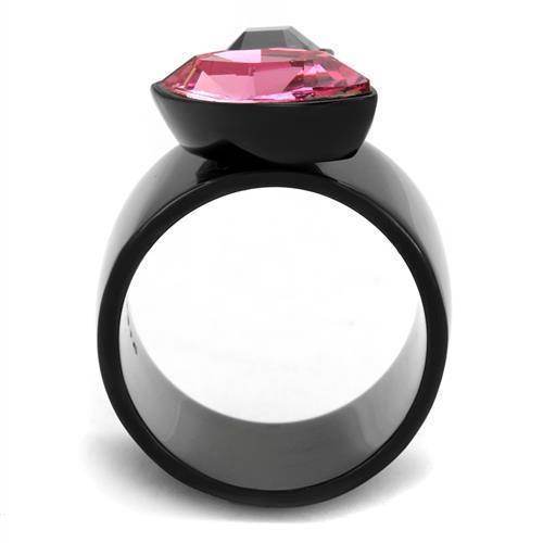 Stylish women's ring featuring synthetic rose amethyst jewelry in a sleek black band