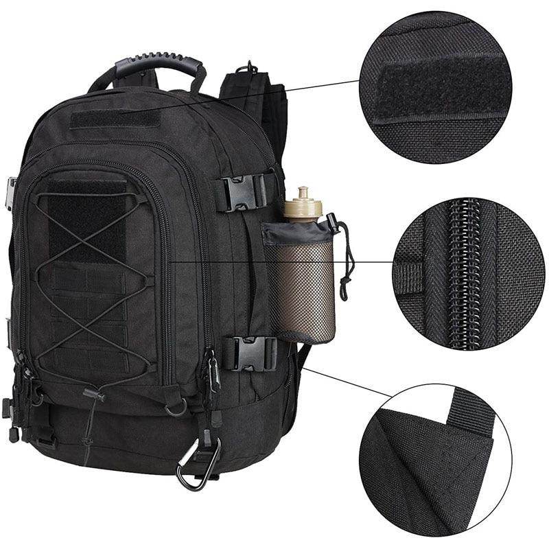 VacationGrabs camping tactical bag in black with multiple compartments and water bottle holder