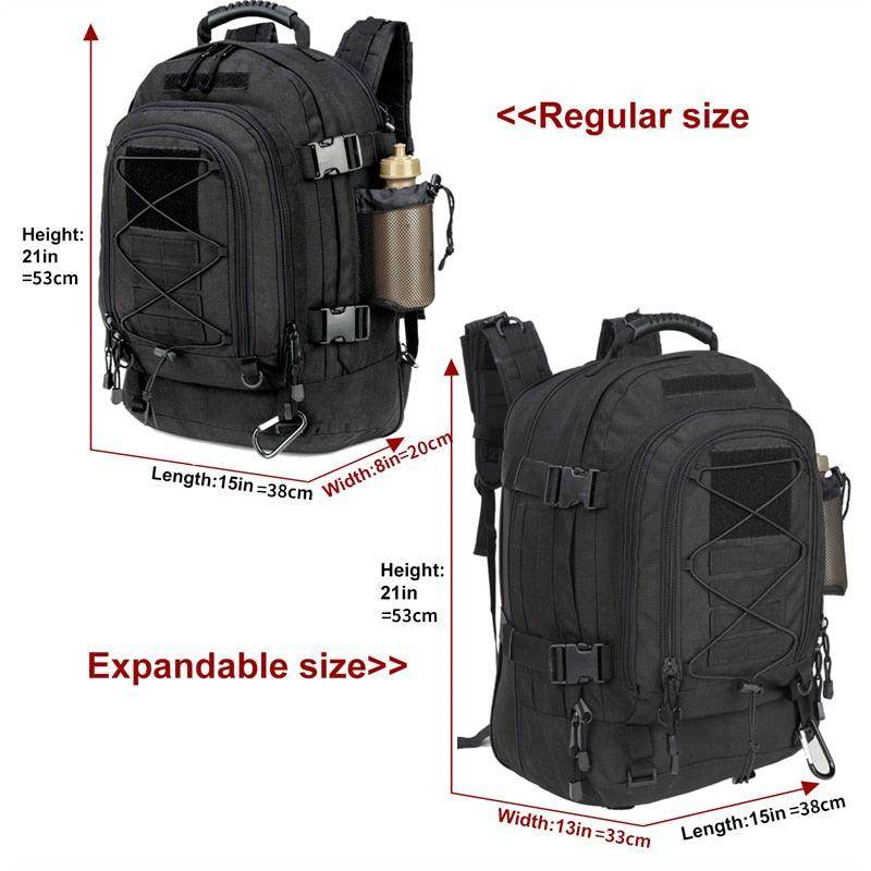 Expandable black camping tactical bag with multiple compartments and adjustable straps for outdoor adventures