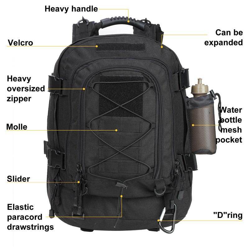 VacationGrabs camping tactical bag featuring multiple pockets, adjustable straps, and water bottle holder