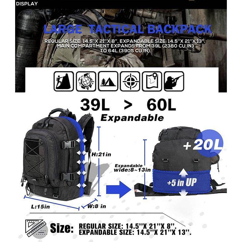 VacationGrabs camping tactical bag with expandable compartments from 39L to 60L for outdoor adventures