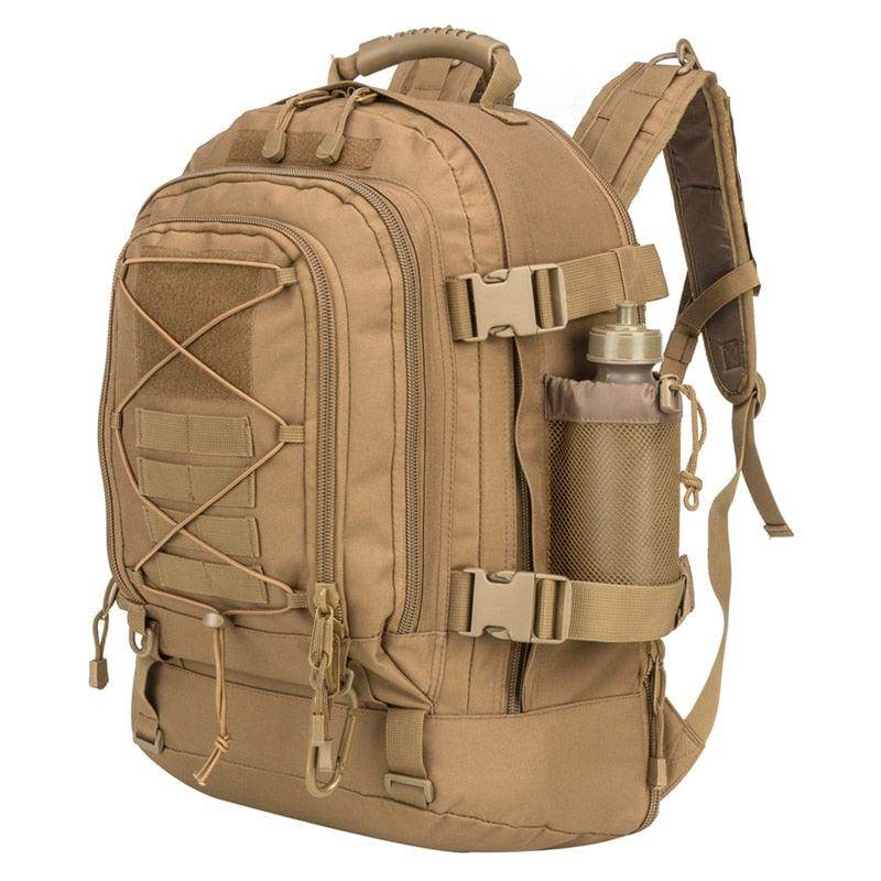 VacationGrabs camping tactical bag in tan with multiple compartments and water bottle holder