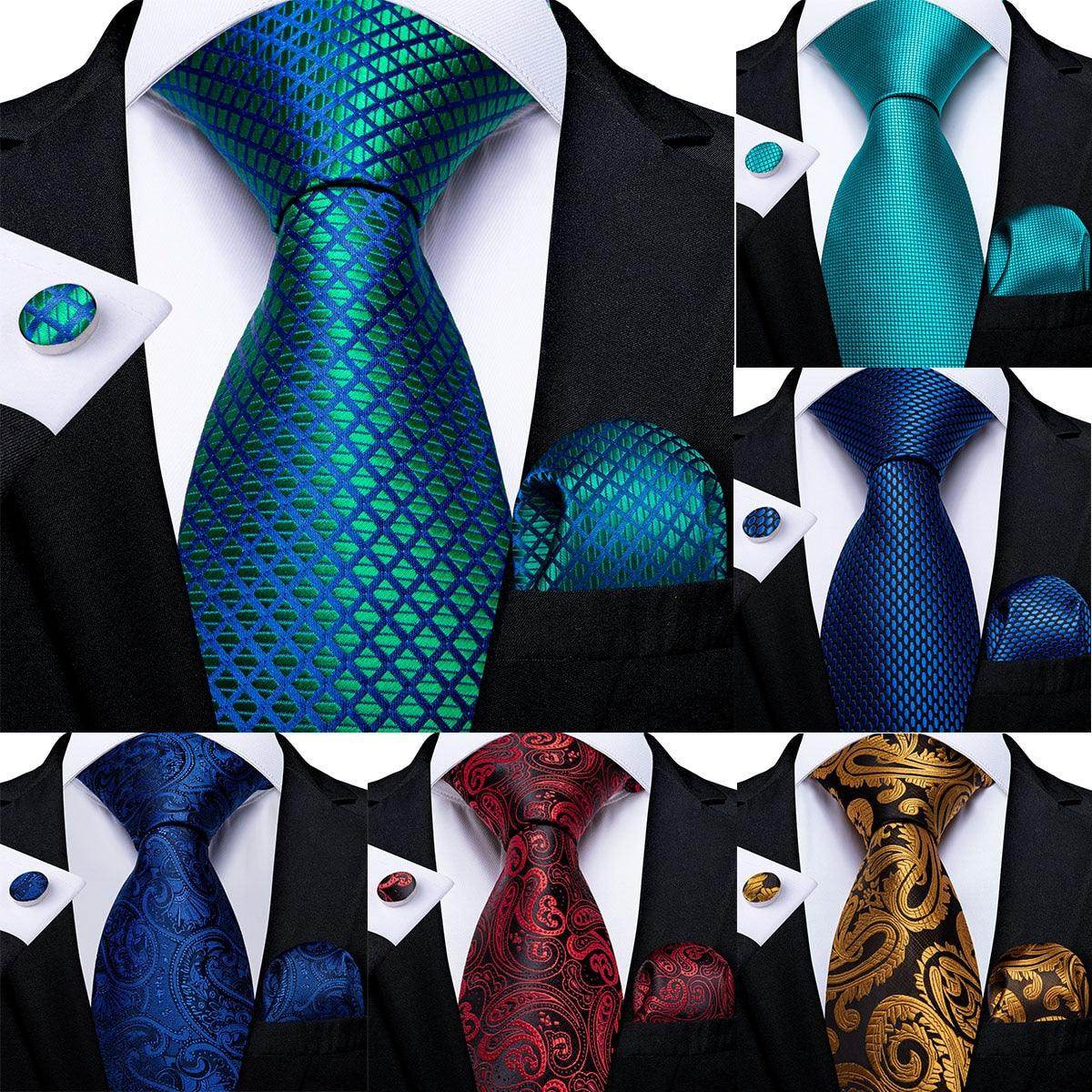 Collection of men's ties including a teal blue paisley necktie with pocket square and cufflink options