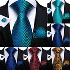 Collection of men's ties including a teal blue paisley necktie with pocket square and cufflink options
