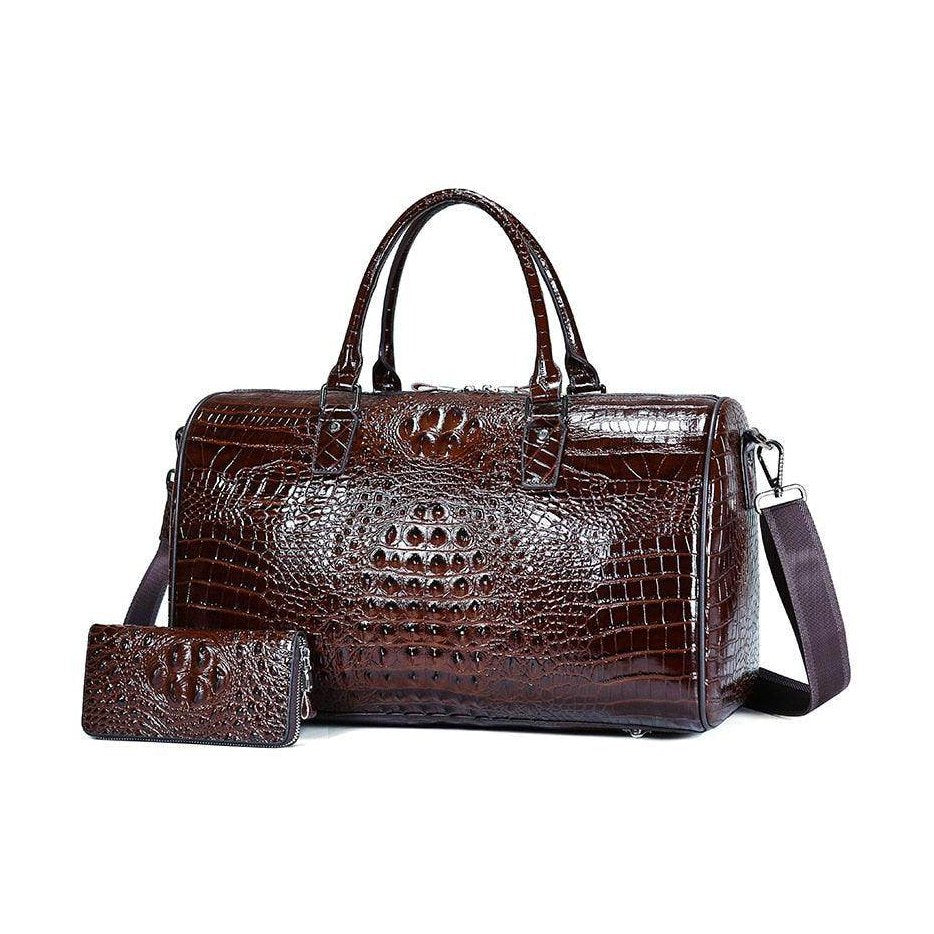 VacationGrabs textured leather travel bag with matching wallet, perfect for stylish journeys