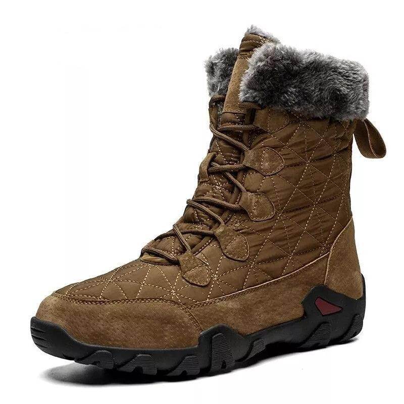 Thick winter boots for men in brown with fur lining and rugged sole for outdoor activities