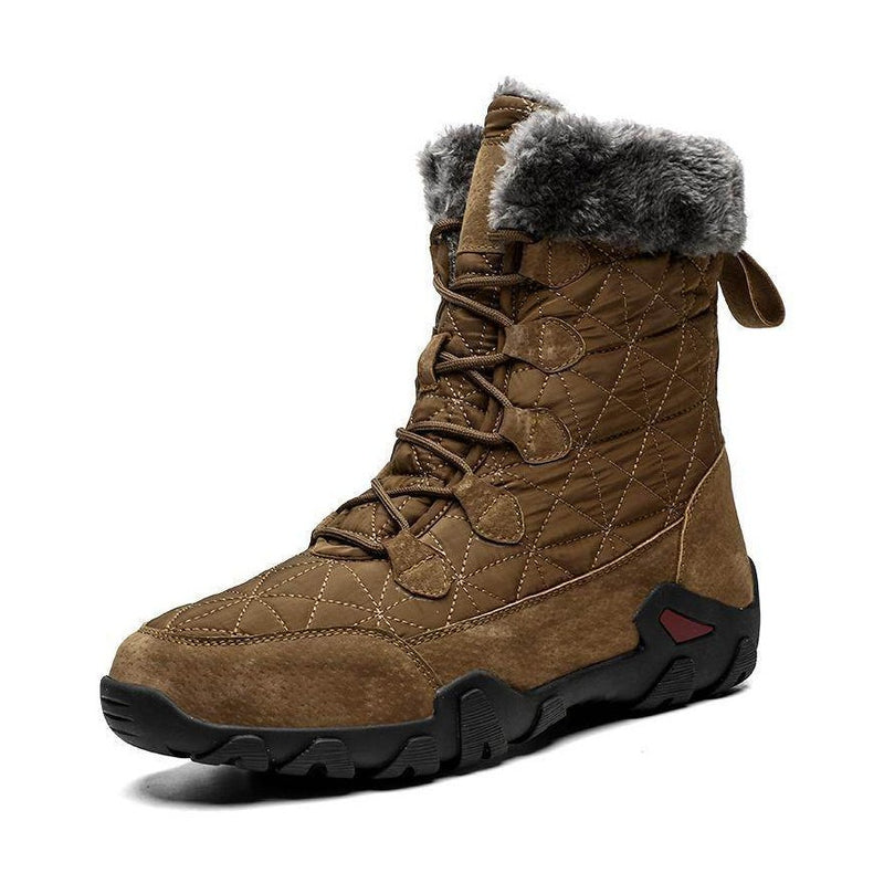 Brown thick winter boots for men with quilted design and fur lining for warmth and comfort