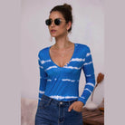Trendsi tie-dye deep V-neck shirt in blue with stylish buttons and long sleeves
