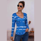 Trendsi tie-dye deep V-neck shirt in blue with stylish long sleeves and button details