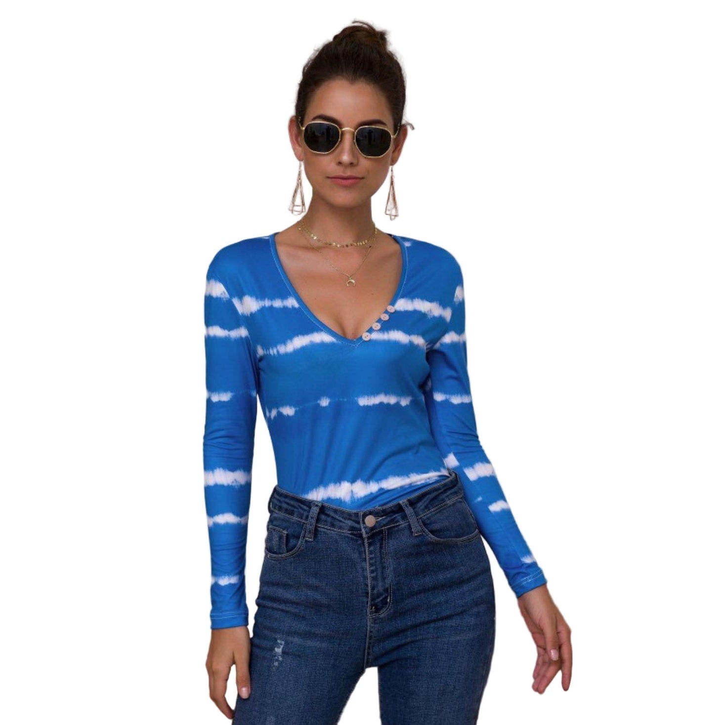 Trendsi tie-dye deep V-neck shirt in blue with long sleeves and stylish button detail