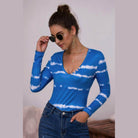 Trendsi tie-dye deep V-neck shirt in blue with long sleeves and stylish button details