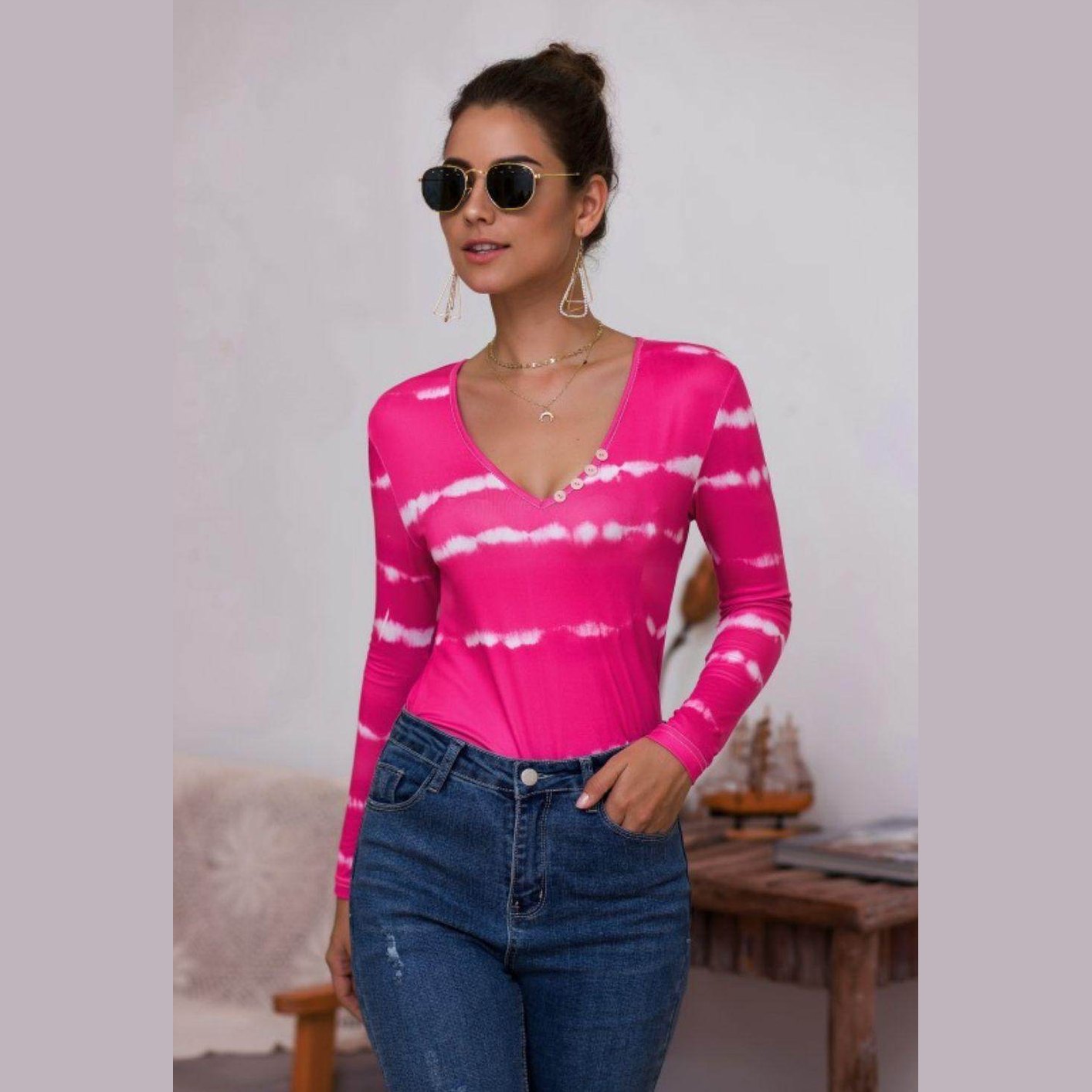 Trendsi tie-dye deep V-neck shirt in pink with long sleeves and button details, perfect for casual wear
