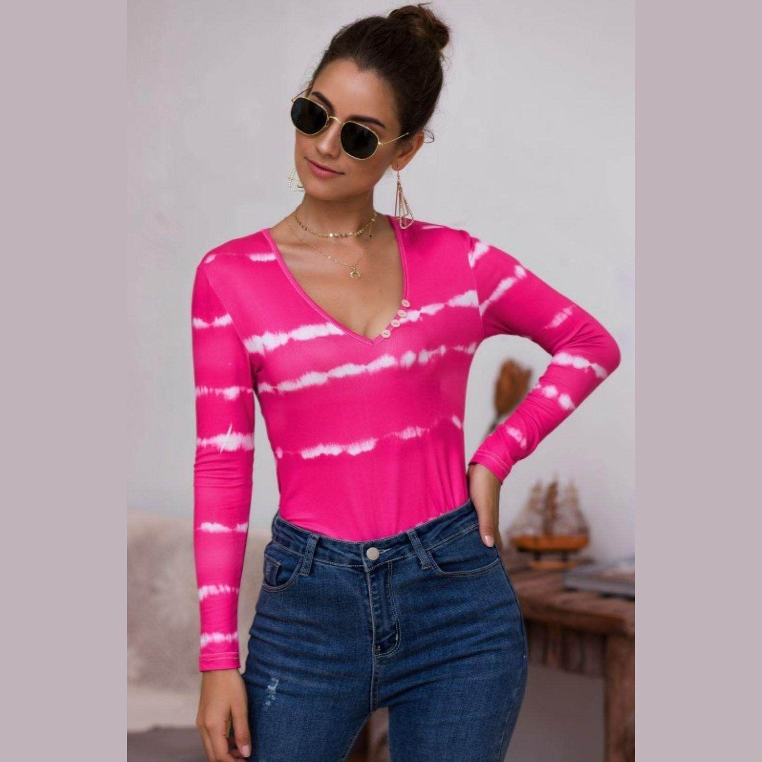 Trendsi tie-dye deep V-neck shirt in bright pink, perfect for casual outings and stylish layering